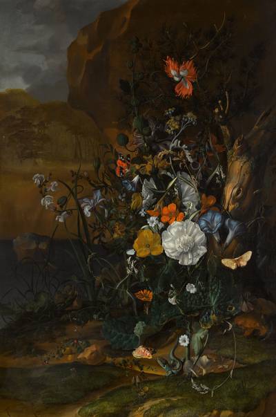 Still life of flowers, with butterflies, insects, a lizard and toads, beside a pool