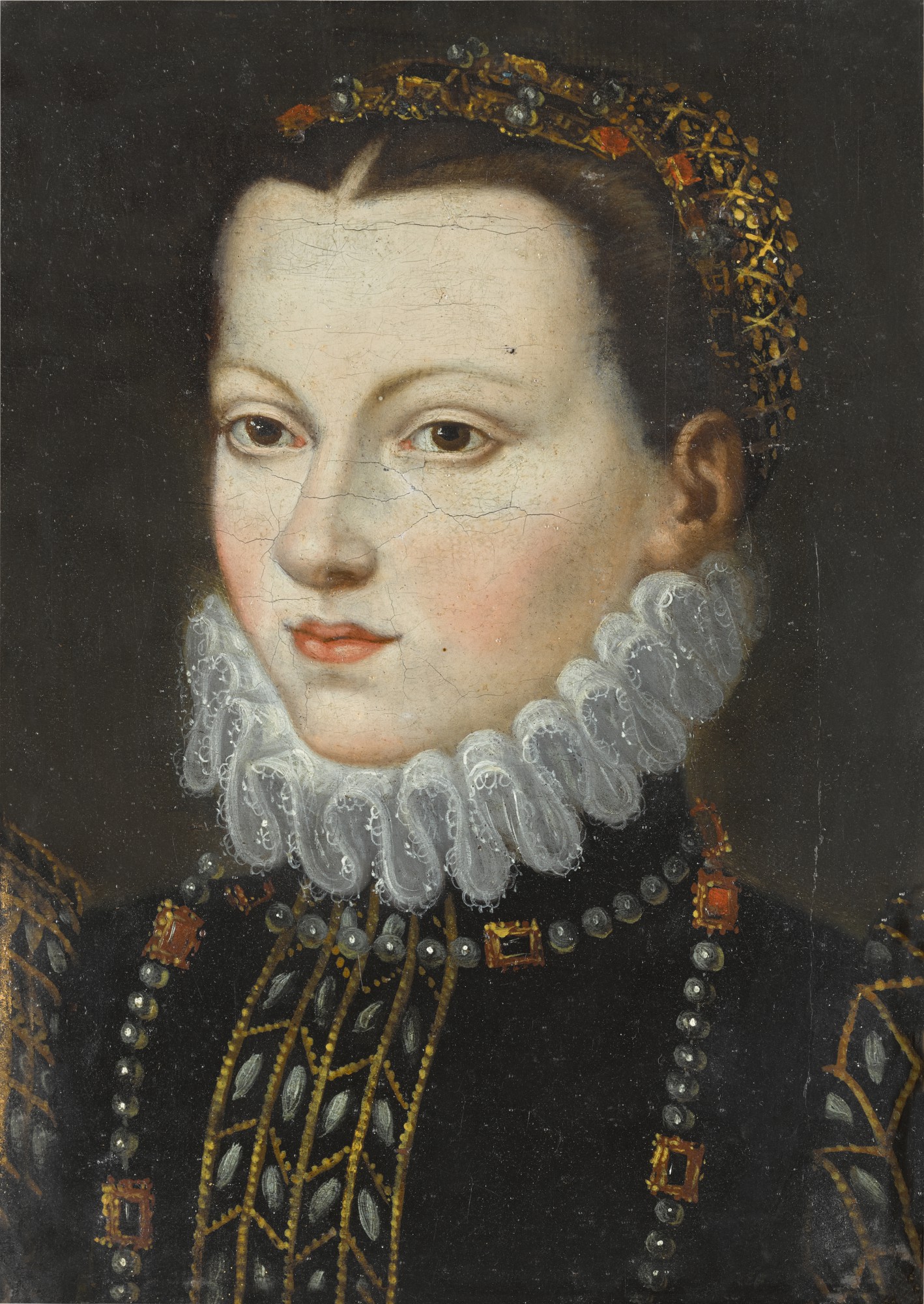 North Italian School, 17th Century — Portrait of a young woman, bust length, wearing an embroidered coat and a pearl necklace and headpiece