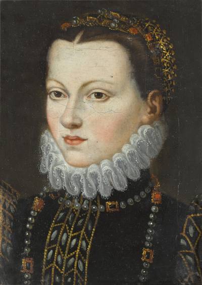 Portrait of a young woman, bust length, wearing an embroidered coat and a pearl necklace and headpiece