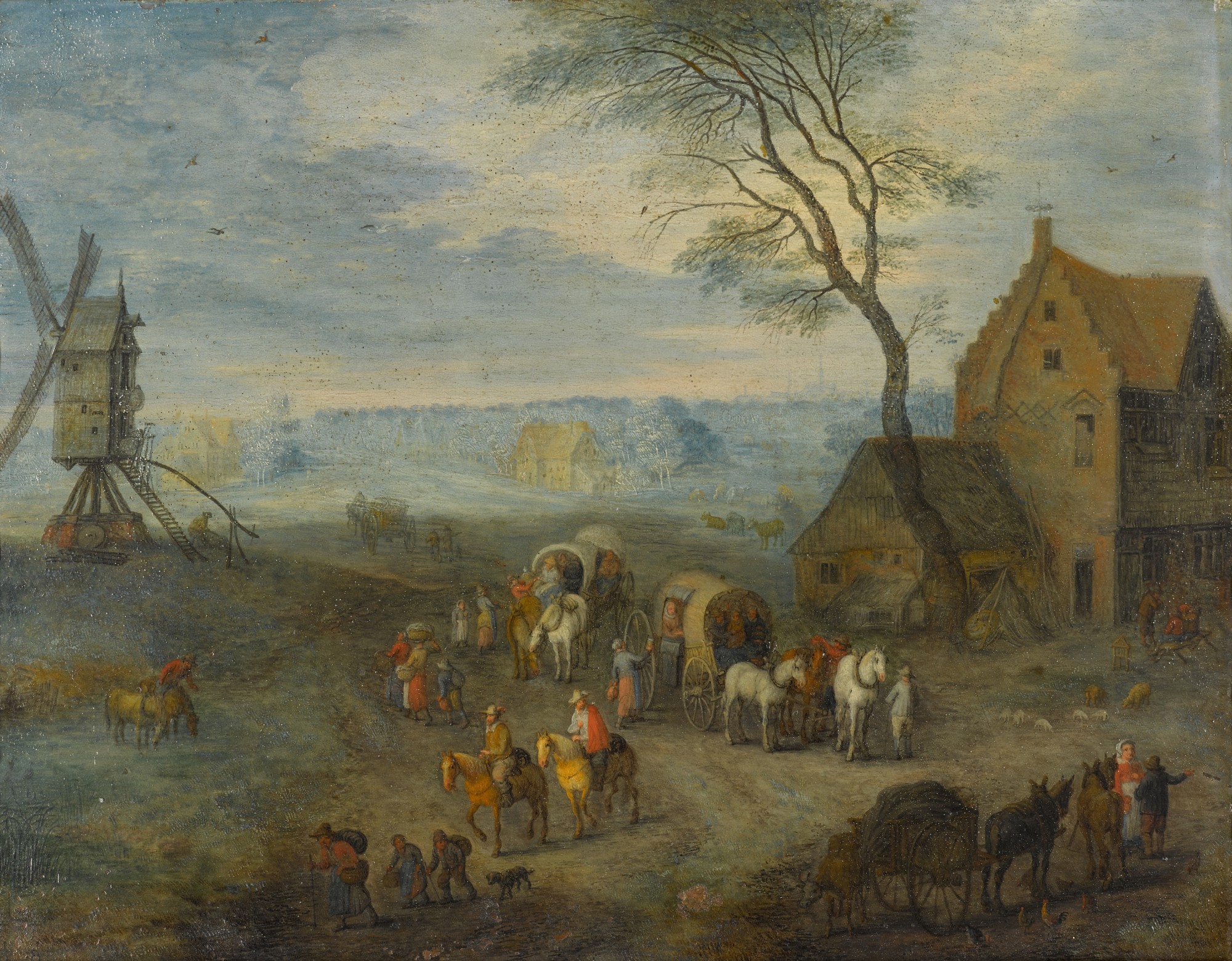 Joseph van Bredael — A village scene with travellers by a windmill