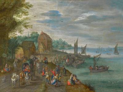 View of a riverside village with figures dancing in the foreground
