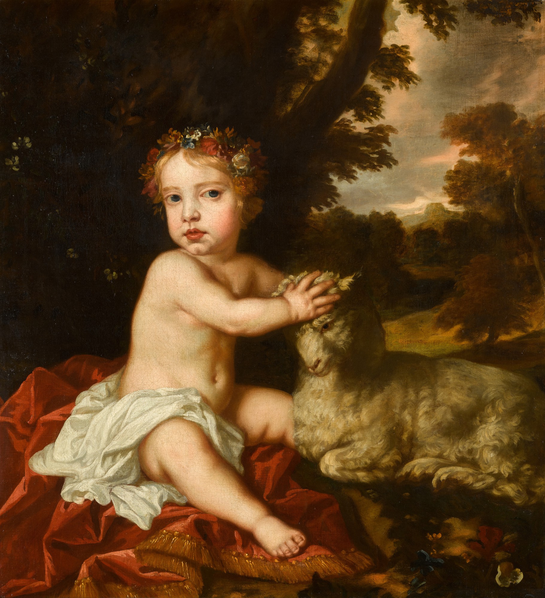 Unknown — Portrait of Princess Isabella Stuart (1676–1681), full-length, seated beside a lamb, in a wooded landscape