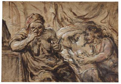 An old woman spying on an amorous couple