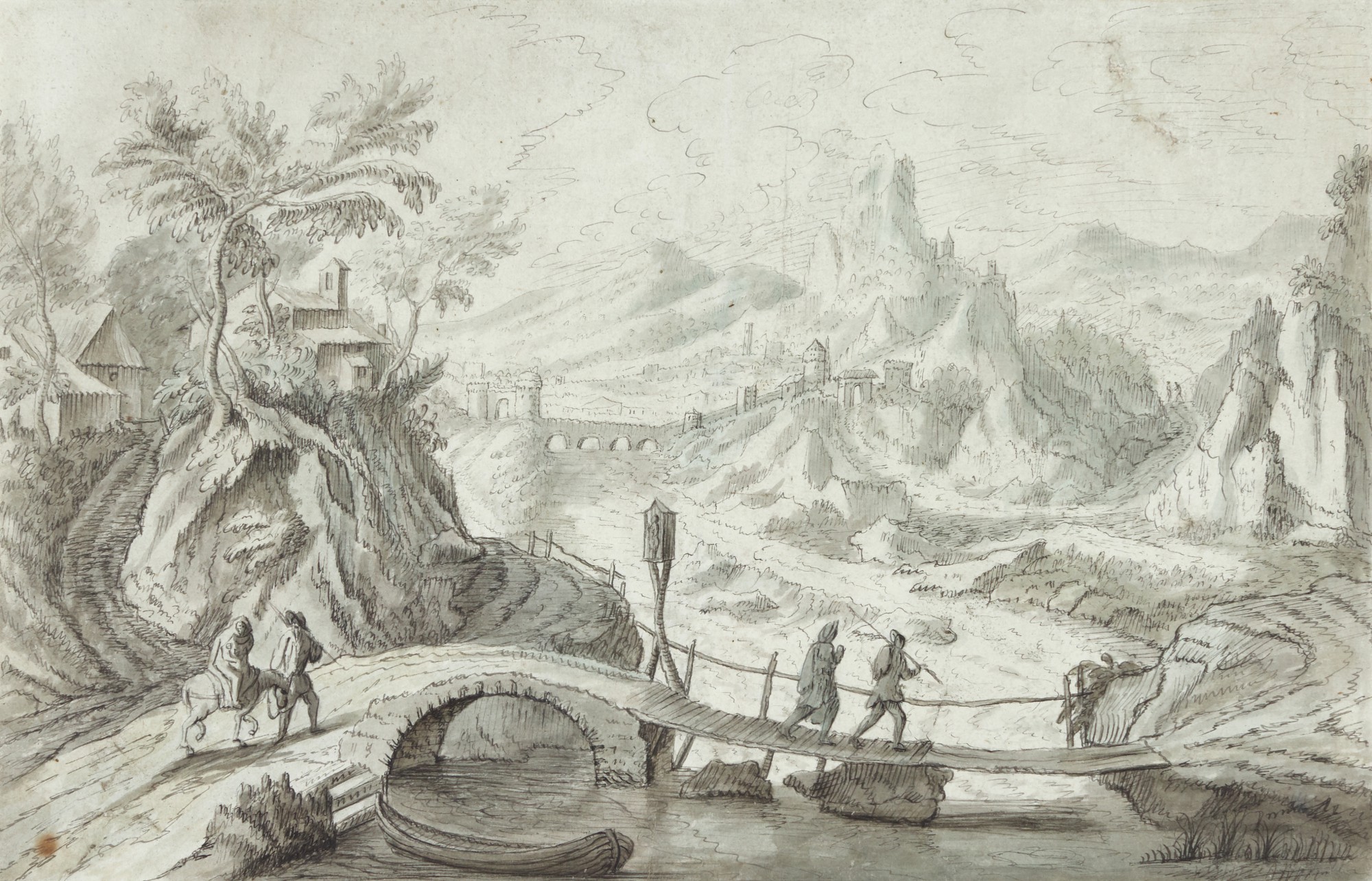 Circle of Tobias Verhaecht — Mountainous landscape with travellers on a bridge