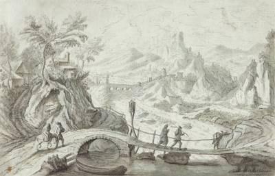 Mountainous landscape with travellers on a bridge