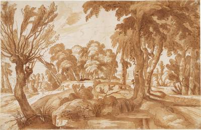 A hilly wooded landscape with a road by a pond