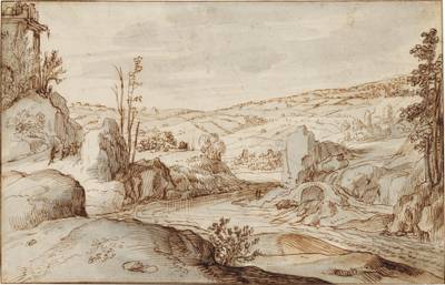 Rocky river landscape with a Herdsman on a road to the left