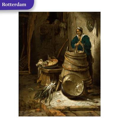 Barn interior with a woman churning butter