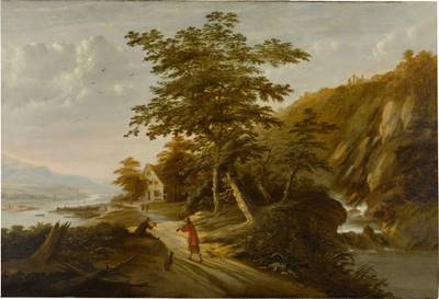 Sportsmen with their hounds and a falcon near a river in a wooded landscape