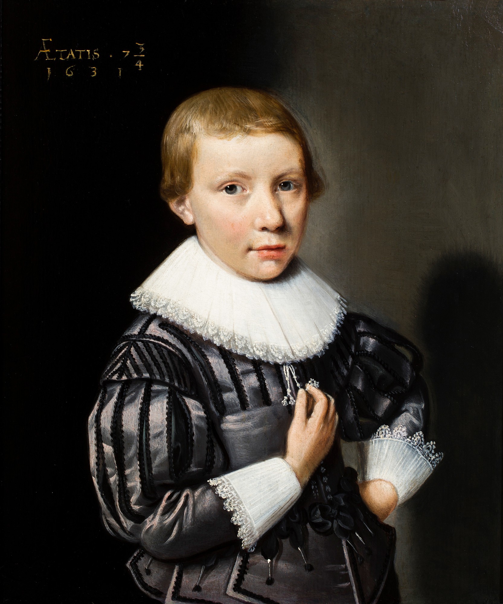 Adam de Colonia the Elder — Portrait of a boy, aged 7 3/4 , half-length, wearing a grey-black satin costume with lace collar and cuffs