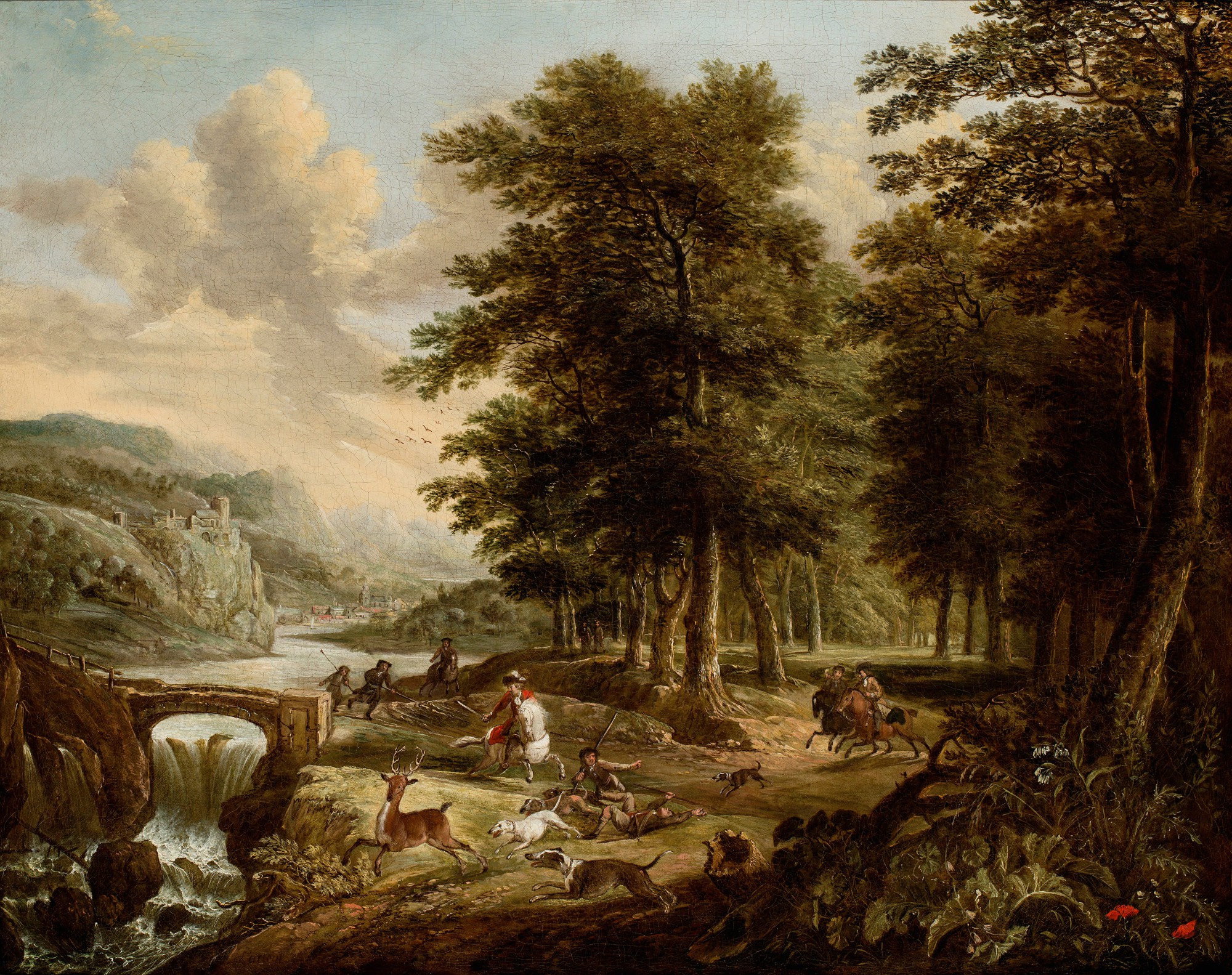 Gerrit Battem — Wooded landscape with a stag hunt near a waterfall