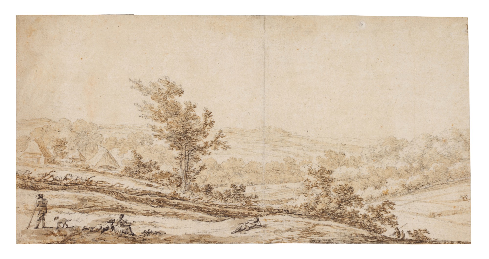 A mountainous landscape with resting figures near a village