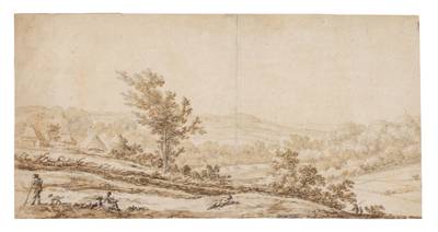A mountainous landscape with resting figures near a village