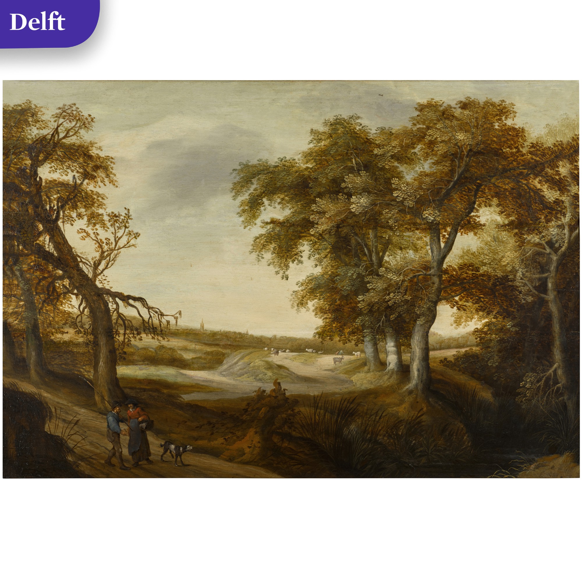 Willem van den Bundel — Extensive wooded landscape with peasants on a road