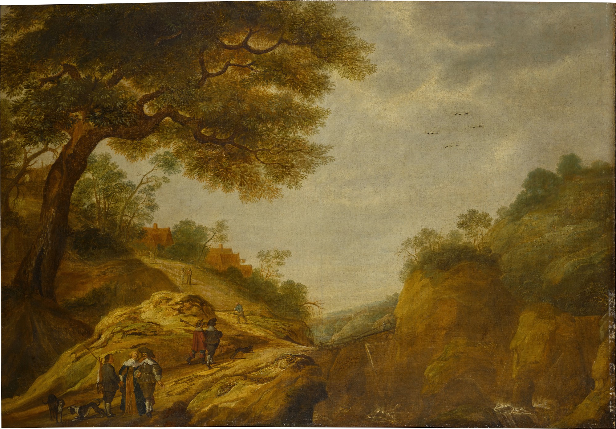 Rotterdam School, first half of the 17th century — Hilly wooded landscape with elegant figures on a road      