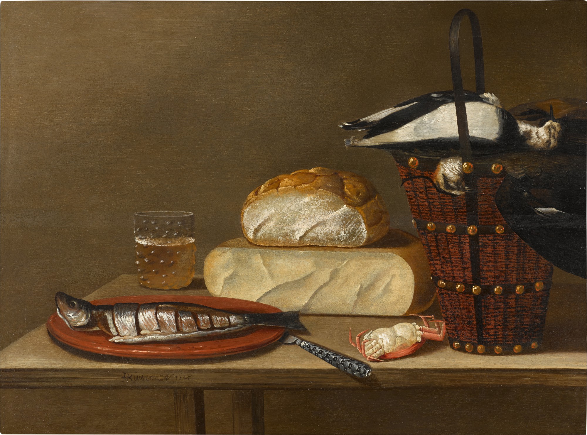 Johannes Kuveenis the Elder — Still life with a herring, cheese, crab and songbirds