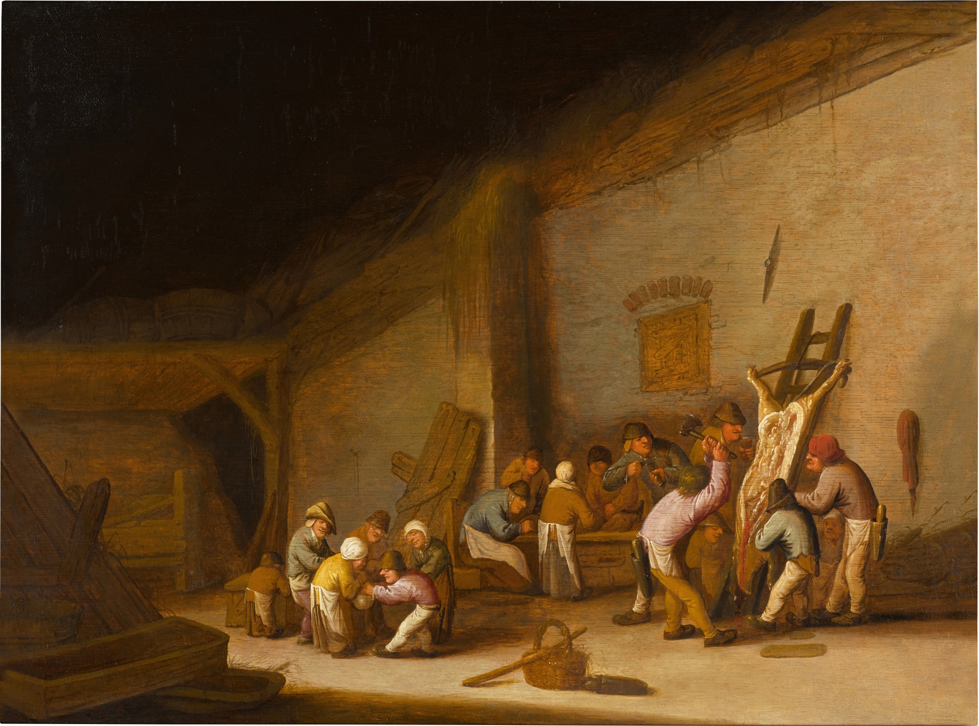 Bartholomeus Molenaer — Barn interior with peasants preparing a pig carcass