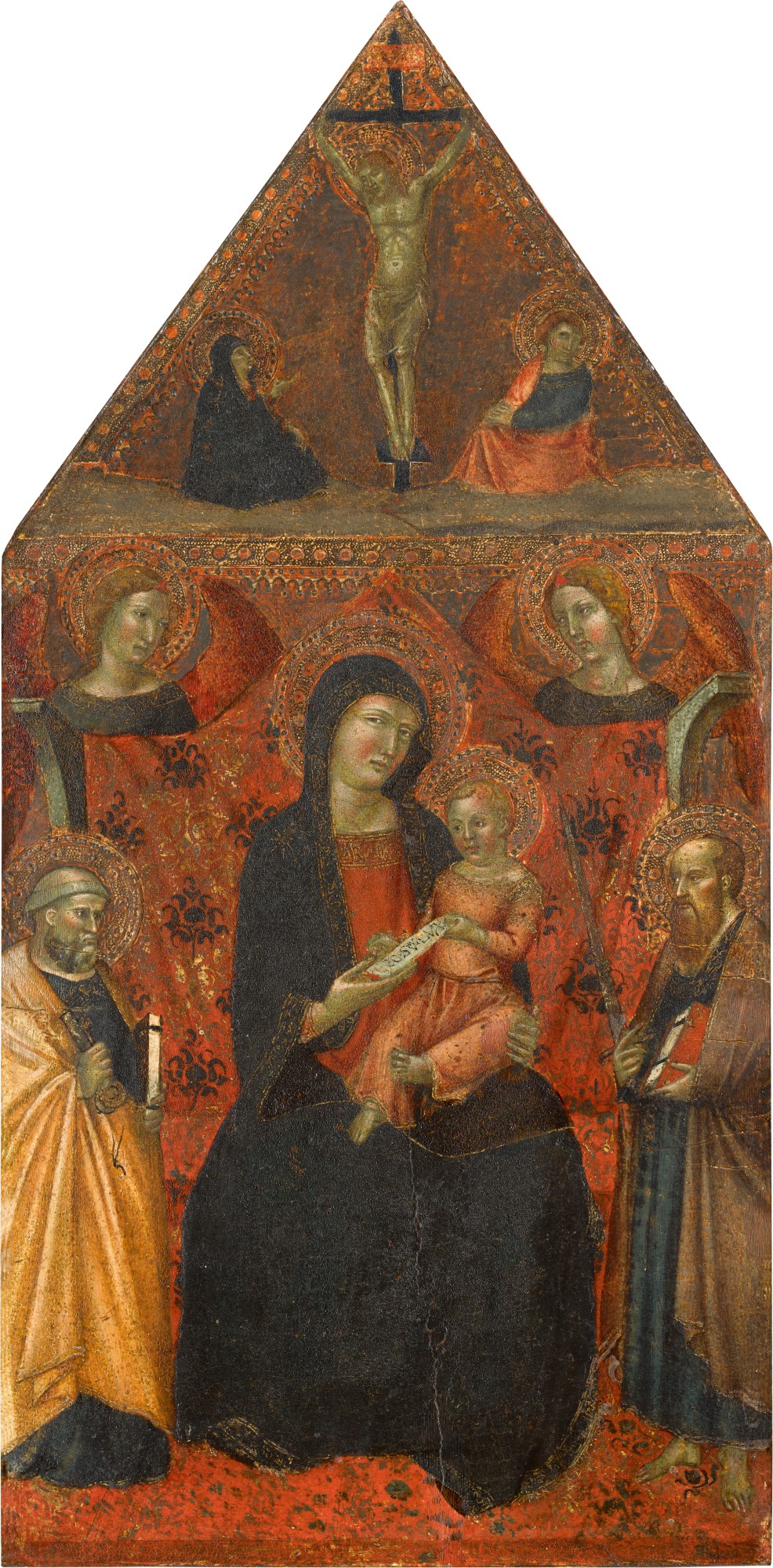 Unknown — The Virgin and Child enthroned with angels and saints, a Crucifixion above
