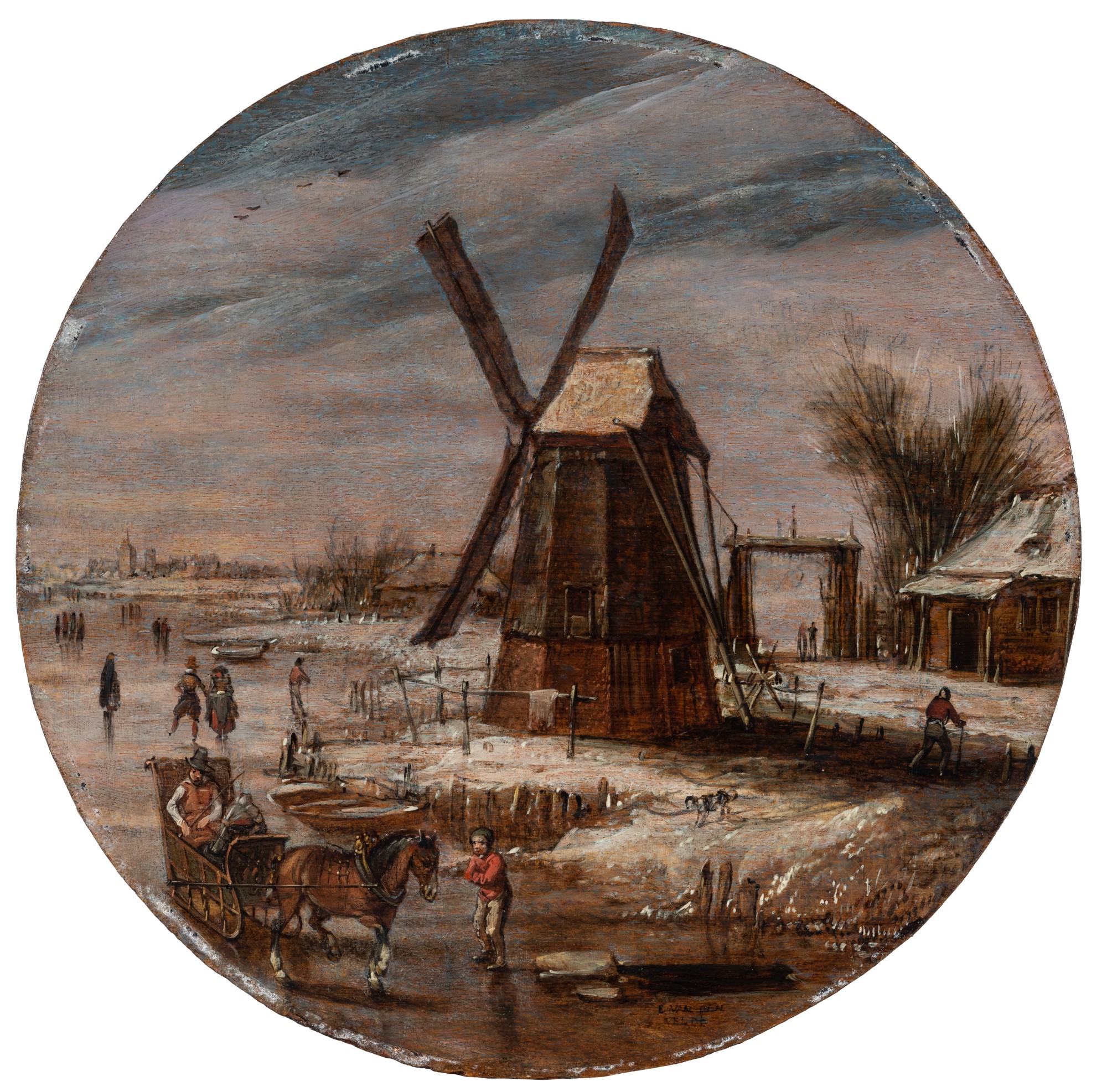 Esaias van de Velde — Winter landscape with an elegant couple in a horse-drawn sledge on a frozen waterway by a windmill 《冬日風景：風車旁結冰水道馬拉雪橇上的男女》