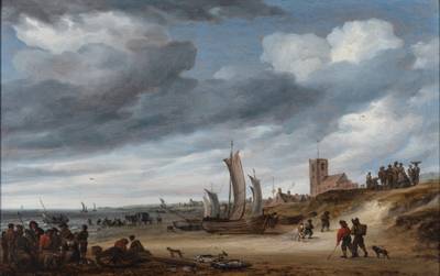 Fishermen on the beach at Egmond-aan-Zee, with boats, figures and their catch on the shore 《艾格蒙特海灘上的漁民，岸上的人、漁船與漁獲》