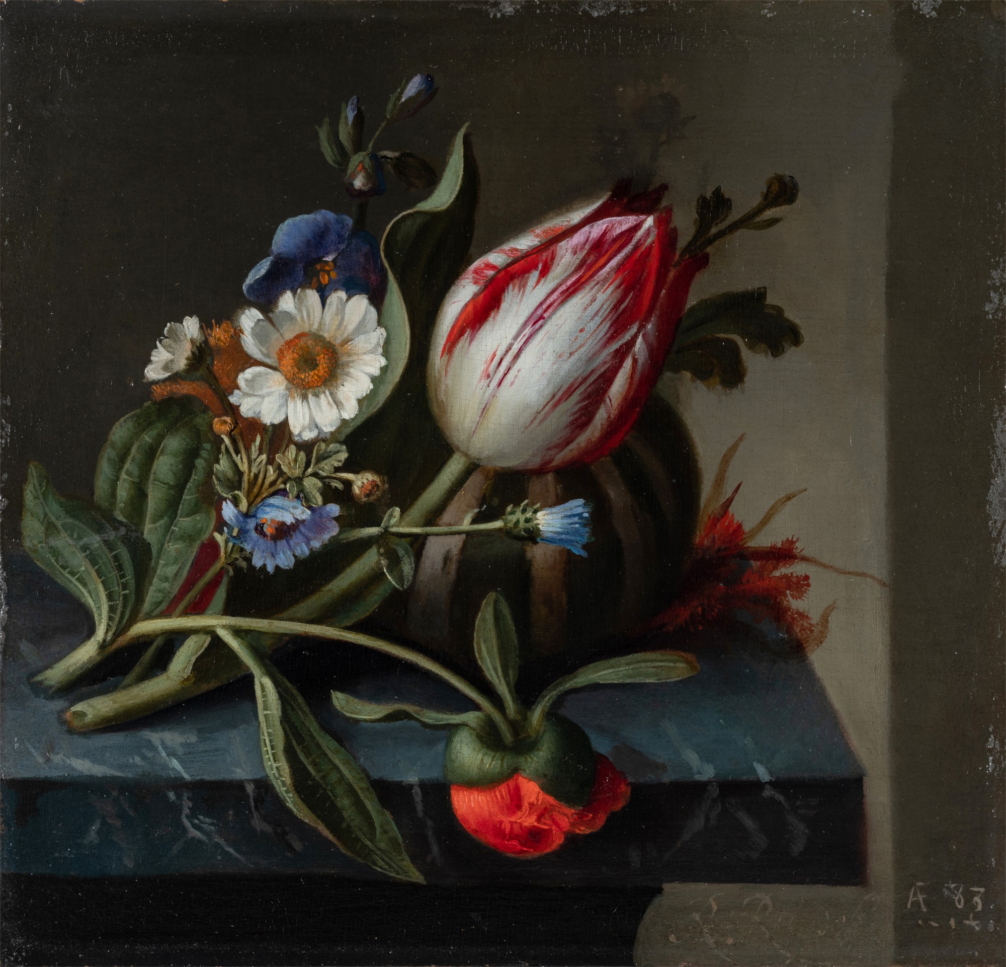 Still life of a tulip and other flowers with a melon upon a ledge《靜物：臺上的一枝鬱金香、鮮花與瓜》