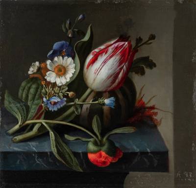 Still life of a tulip and other flowers with a melon upon a ledge《靜物：臺上的一枝鬱金香、鮮花與瓜》
