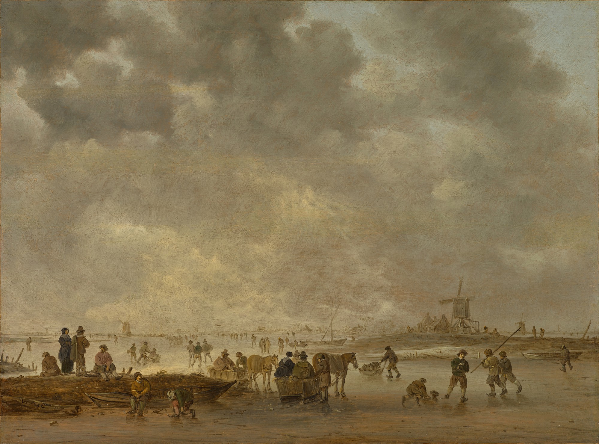 Jan Josefsz. van Goyen — Winter landscape with figures skating and sledging with horses on a frozen river 《冬日風景：結冰河面上的溜冰民眾與馬拉雪橇》