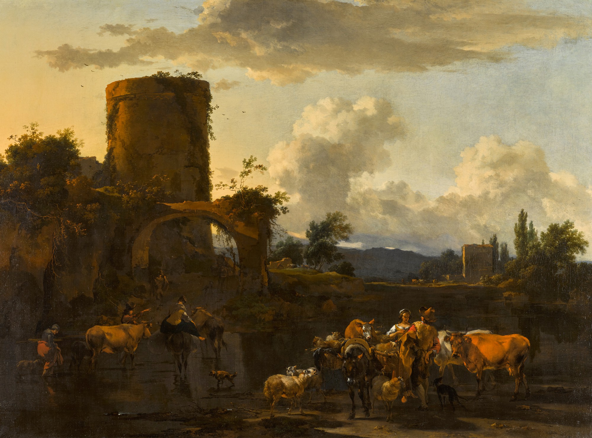 Unknown — An evening landscape with drovers and their animals by a river 《傍晚風景：河邊的牧人與牲畜》