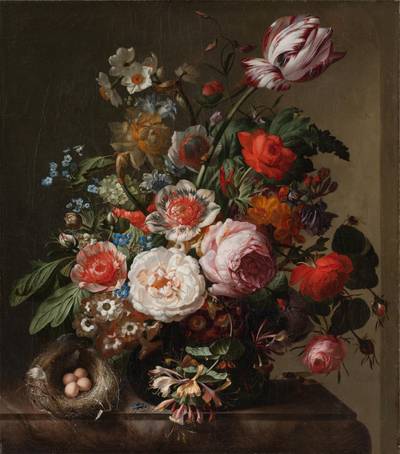 Still life of flowers in a vase with a bird's nest upon a marble ledge《靜物：大理石臺上的一瓶鮮花與鳥巢》