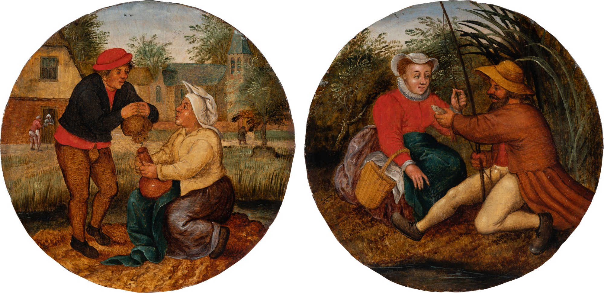 Pieter Brueghel the Younger — A peasant offering a cock to his companion; a fisherman offering a fish to his companion 《農夫向女伴獻公雞；漁夫向女伴獻魚》