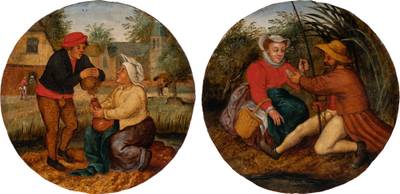 A peasant offering a cock to his companion; a fisherman offering a fish to his companion 《農夫向女伴獻公雞；漁夫向女伴獻魚》