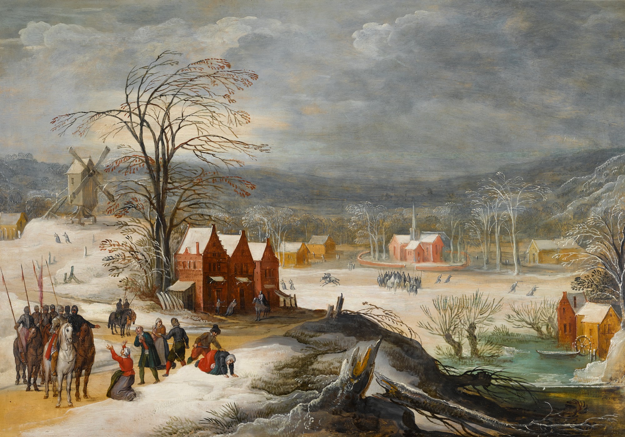 Workshop of Joos de Momper the Younger — Winter landscape with soldiers plundering a village