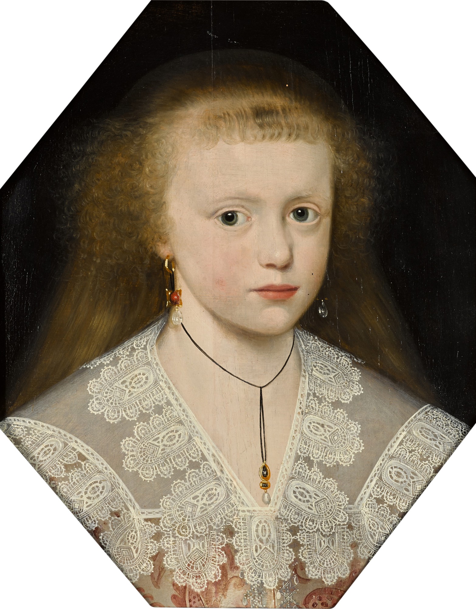 Gilbert Jackson — Portrait of a young woman called Elizabeth, bust-length, wearing a lace decorated collar over a pink dress