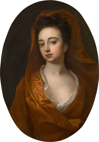 Portrait of a lady, half-length, in an orange dress