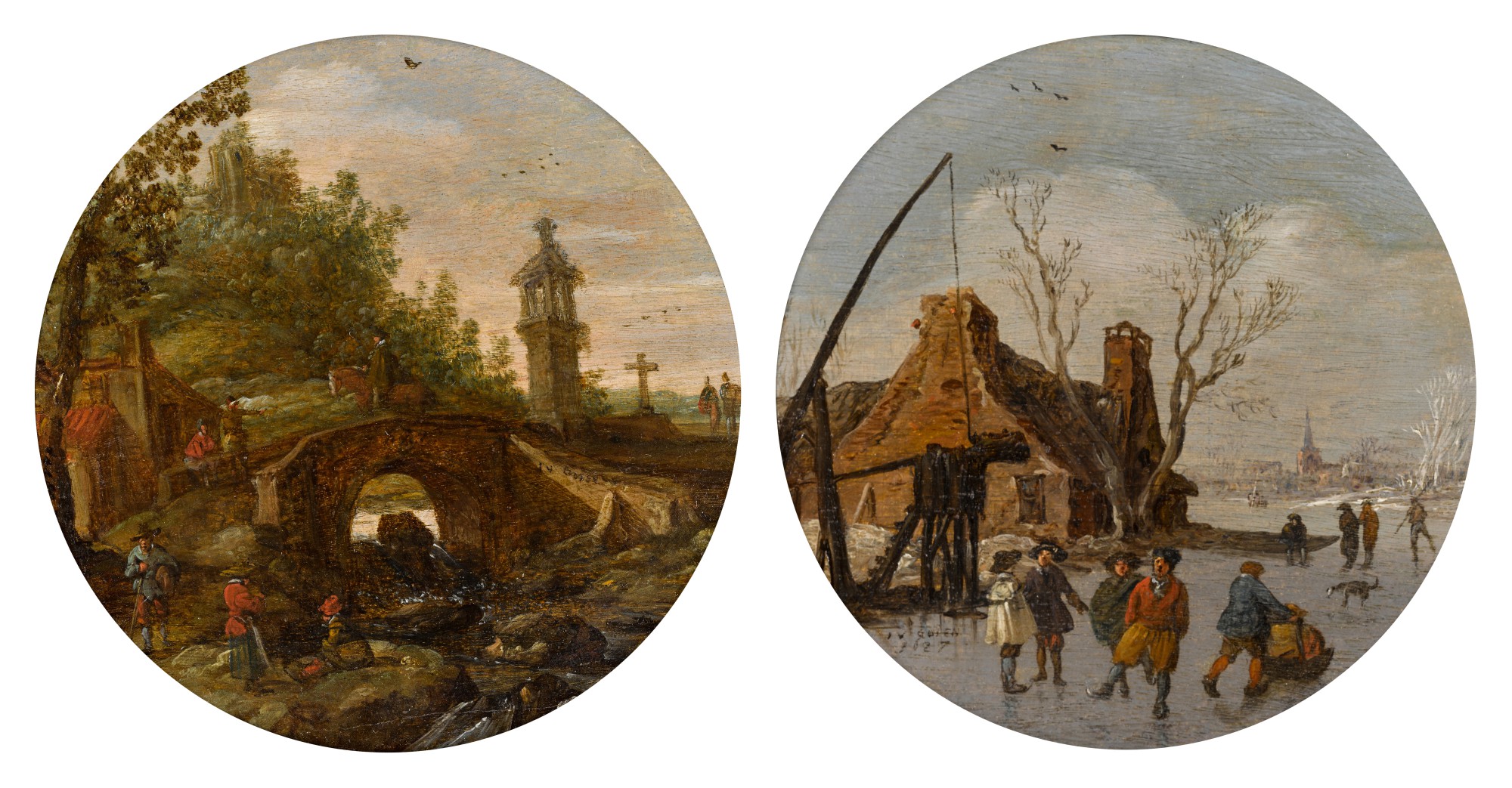 Jan Josefsz. van Goyen — Summer landscape with a bridge and figures; Winter landscape with skaters