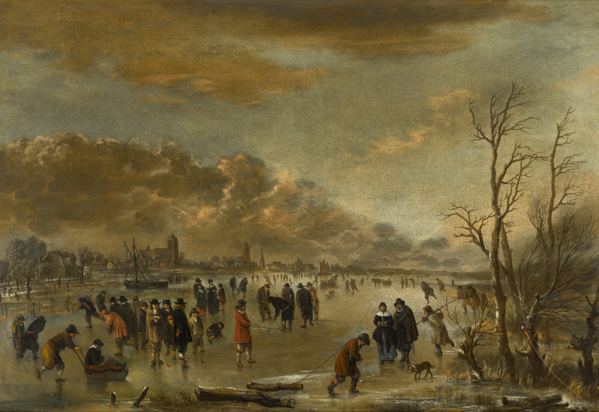 Unknown — Winter landscape with figures skating and playing kolf on a frozen river