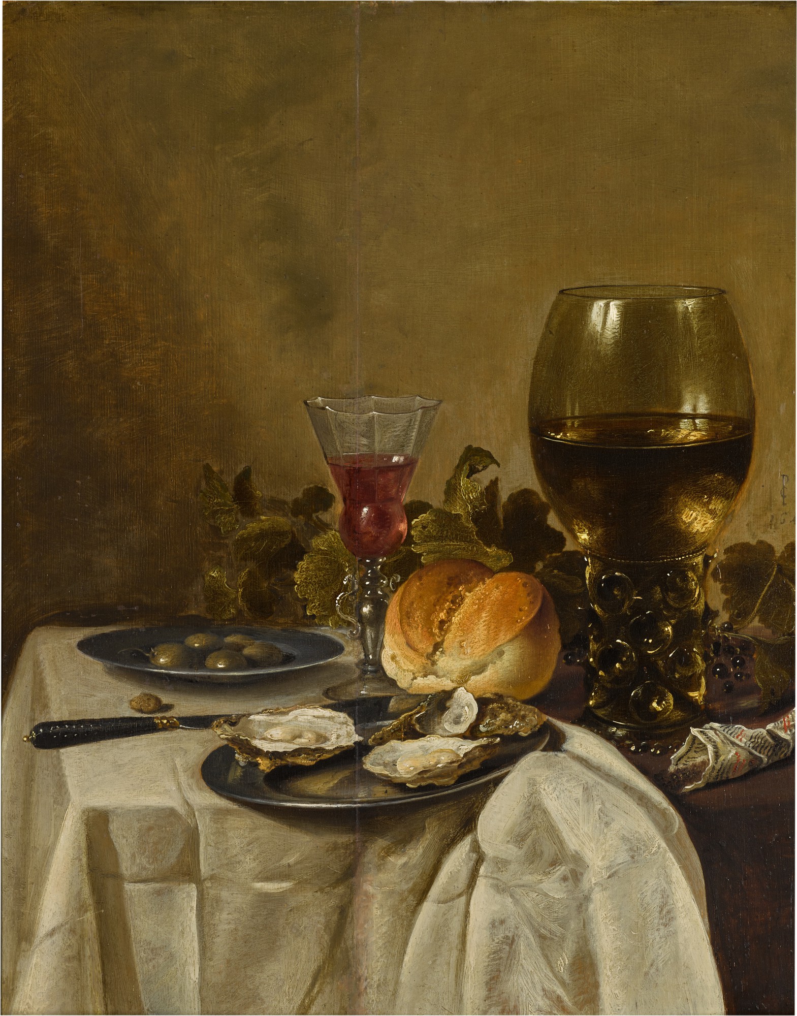 Still life with oysters, a roemer, a wine glass, bread roll and olives