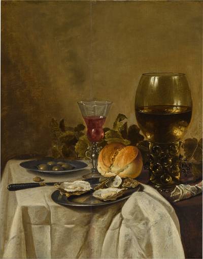 Still life with oysters, a roemer, a wine glass, bread roll and olives
