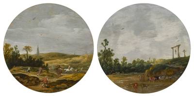Landscape with an ambush on a country road in the dunes; and Landscape with a cowherd watering his cattle