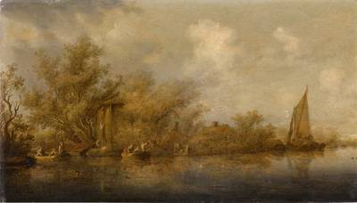 A river landscape with boats and figures haymaking and swimming