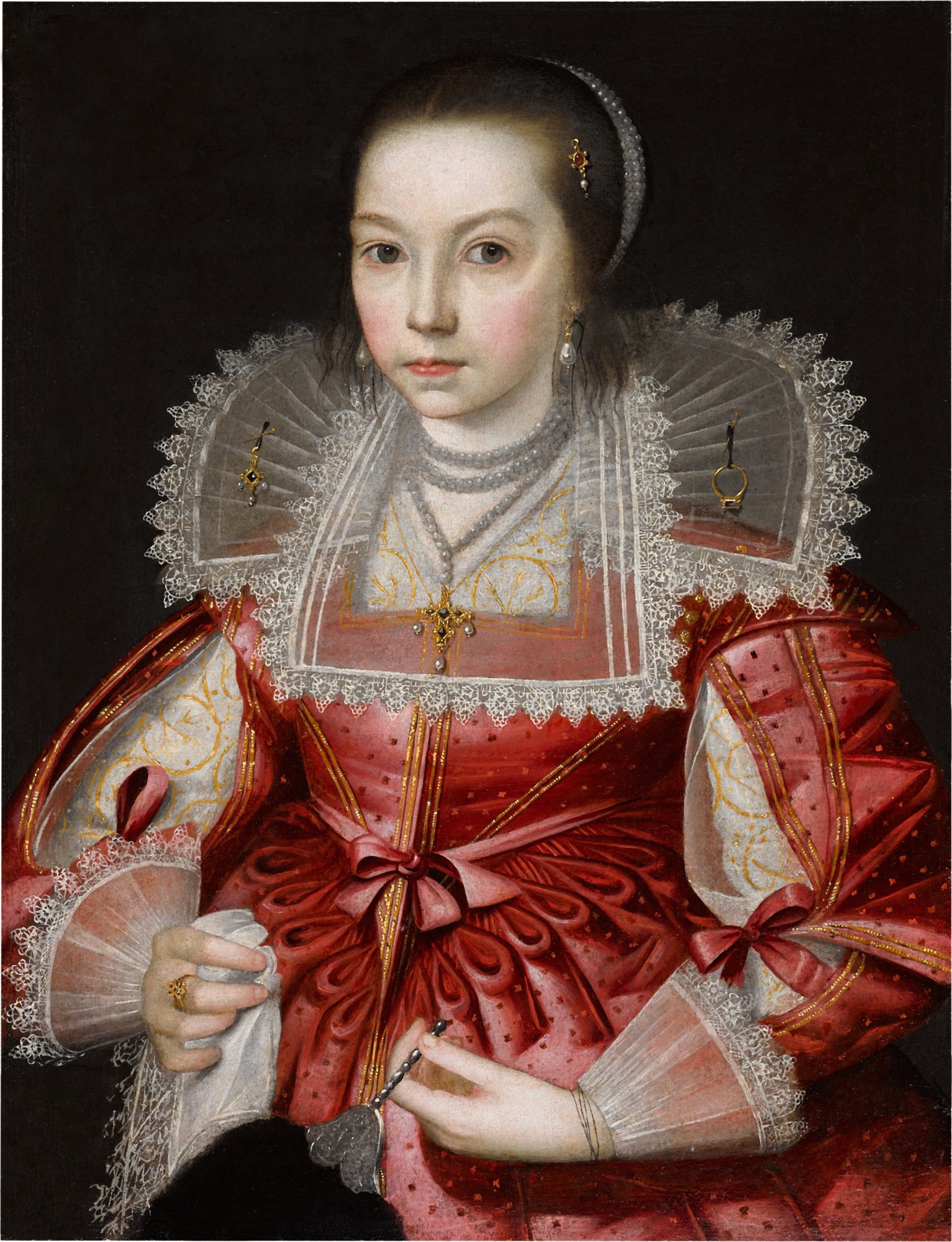 Circle of Paul van Somer — Portrait of a young lady, half-length, in a pink silk dress and a bejewelled lace collar, holding a lace handkerchief and an ostrich feather fan