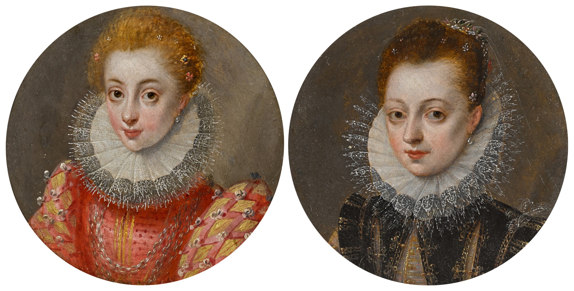 Flemish School, circa 1600 — Portrait of an elegant lady, half-length, in a red embroidered dress with an elaborate lace ruff; and Portrait of an elegant lady, half-length, in a black embroidered dress with an elaborate lace ruff