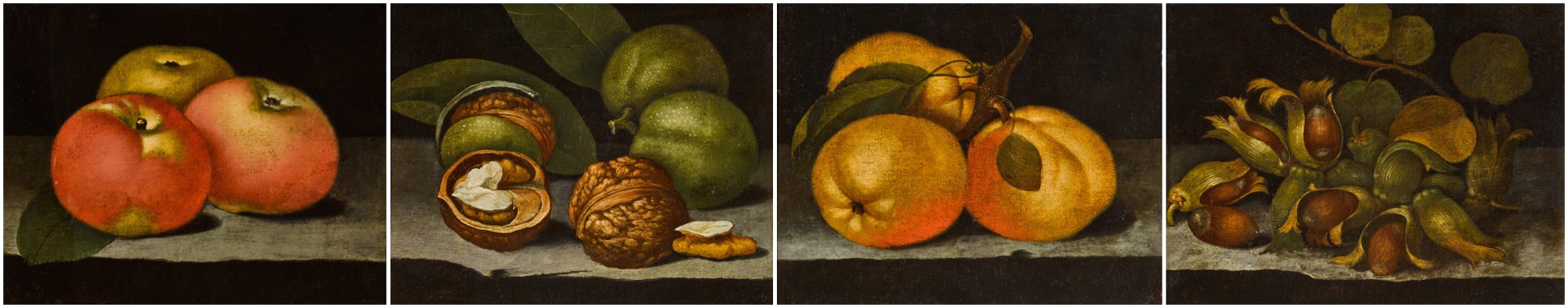 German School, 17th Century — A set of four still lifes, with cob nuts, walnuts, quinces and apples