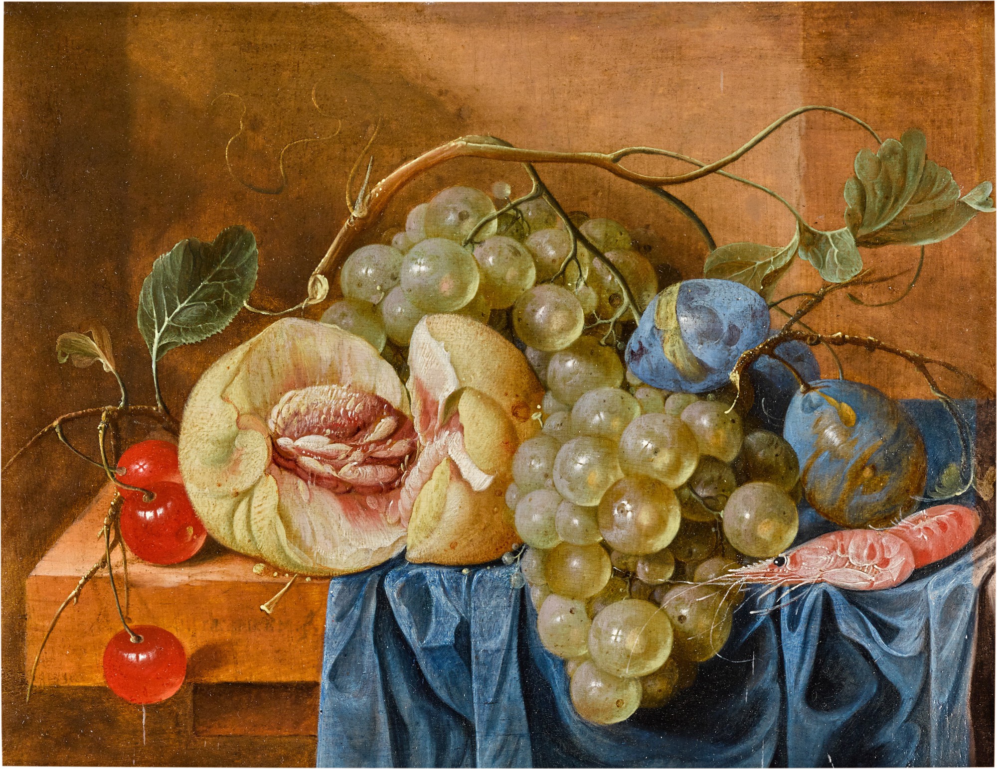 Follower of Cornelis de Heem — A still life with peaches, grapes, plums, cherries and prawns on a ledge, draped with a blue cloth