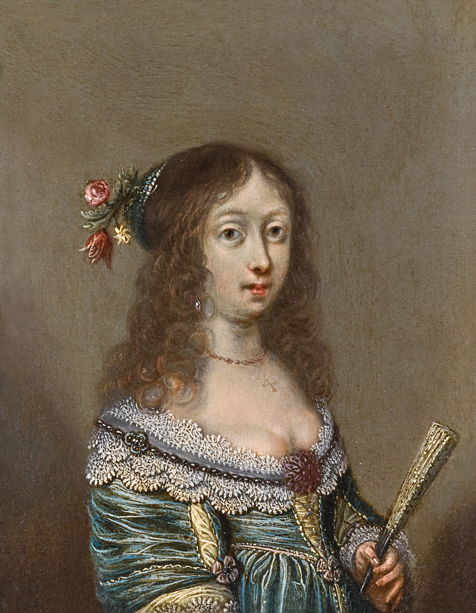 Wolfgang Heimbach — Portrait of a young woman, half-length, wearing a lace-trimmed dress, holding a fan