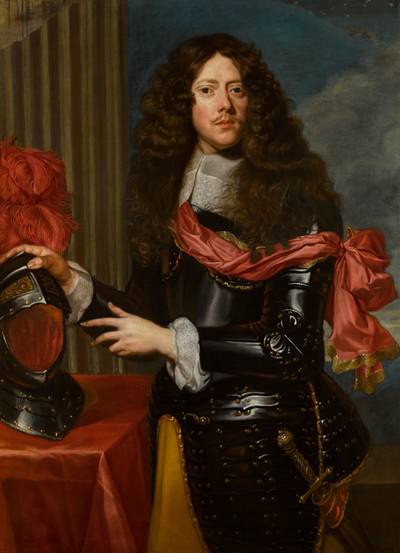A portrait of a gentleman in armour, three-quarter-length, his helmet on a table beside him
