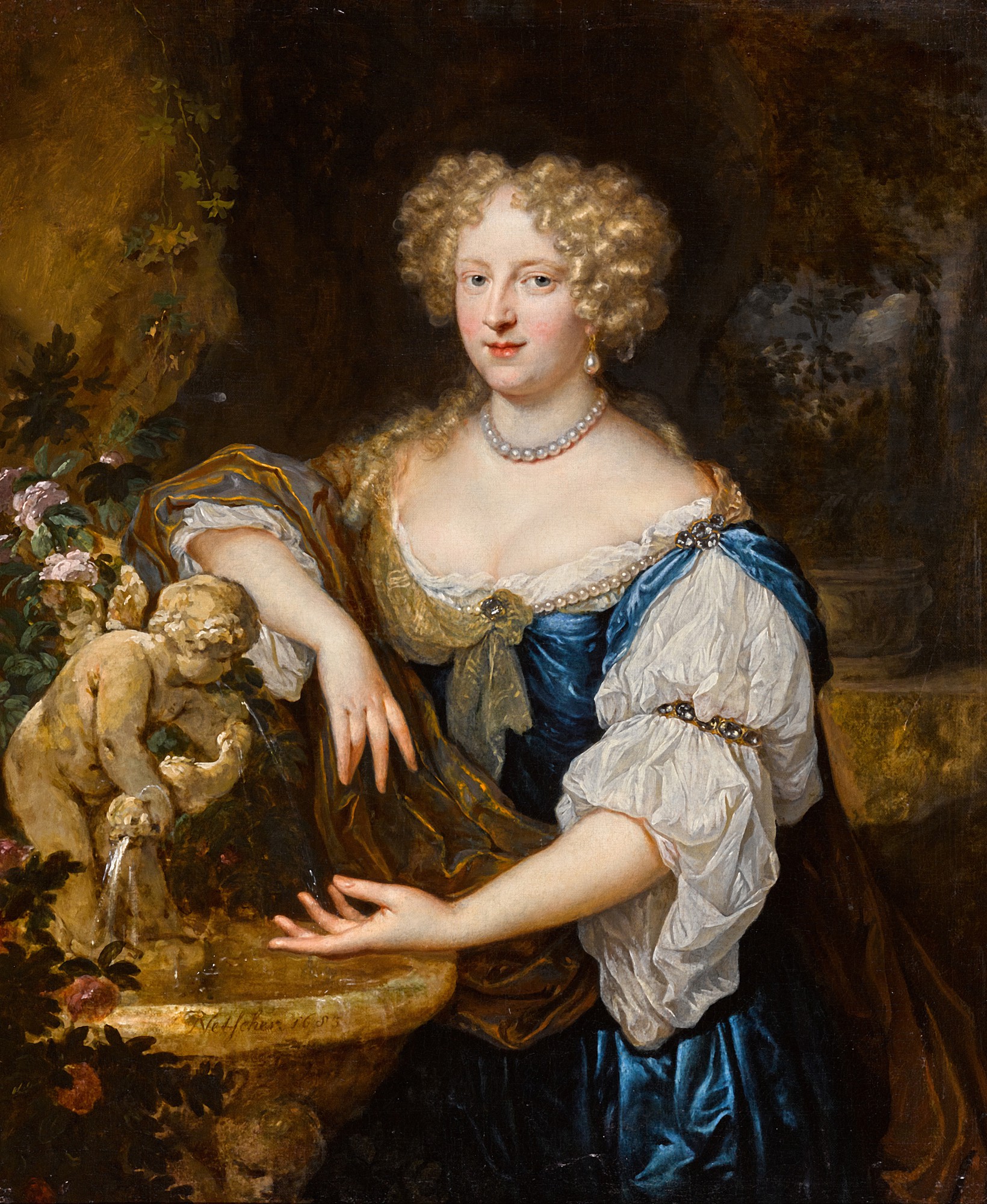 Portrait of a lady in a blue and white dress by a fountain in a landscape  