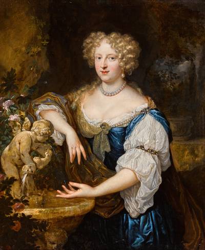 Portrait of a lady in a blue and white dress by a fountain in a landscape  