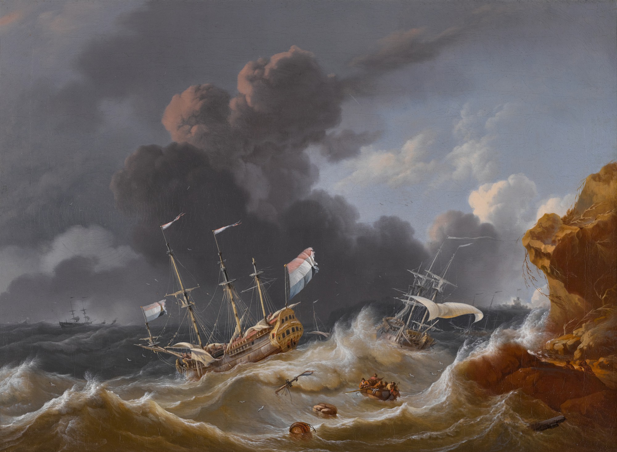 Hendrik Rietschoof — A Dutch Man-of-War and other boats in a stormy sea