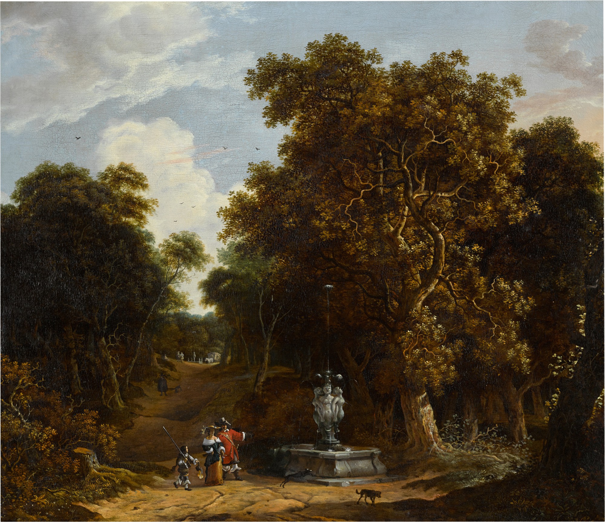 Elegant figures walking by a fountain in a woodland park